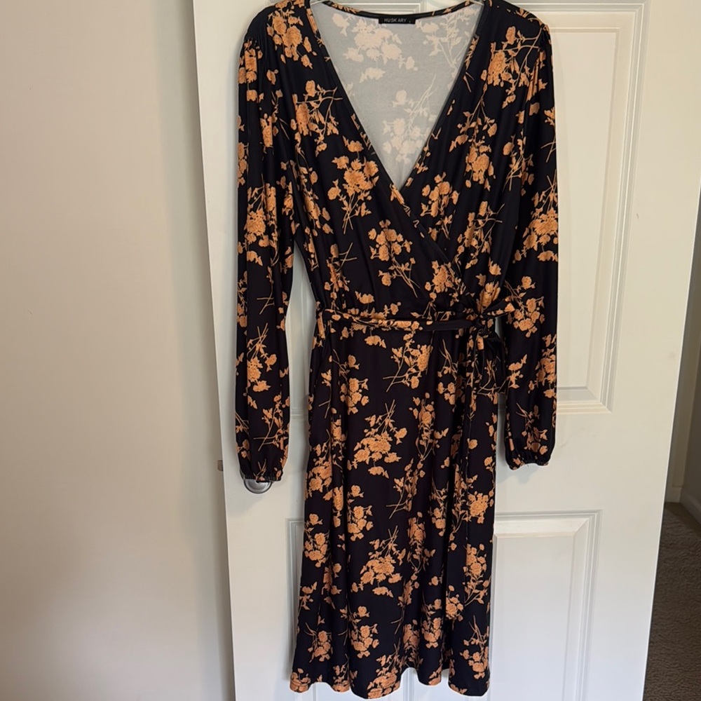 Black and Orange V-Neck Wrap Dress with Bishop Sleeves